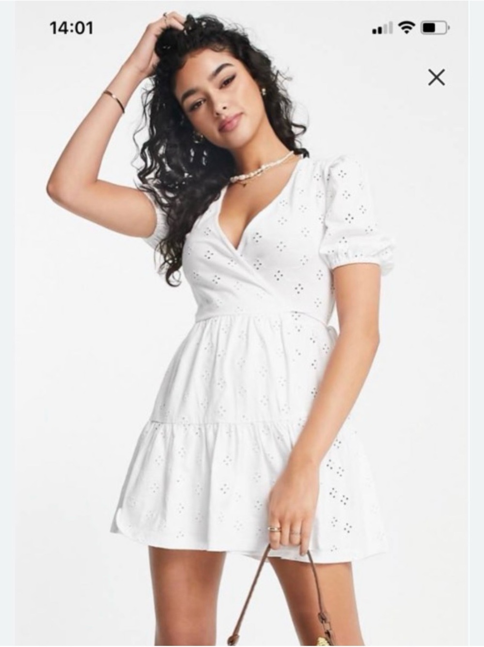 ASOS White Eyelet V-Neck Tiered Mini Dress